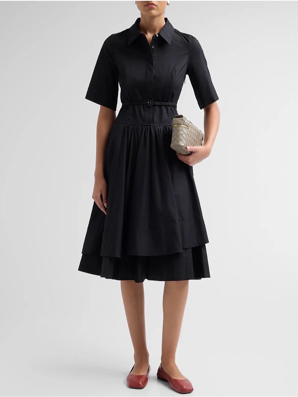CO Essentials Cotton Belted Midi-Shirtdress Black NEW Size Large